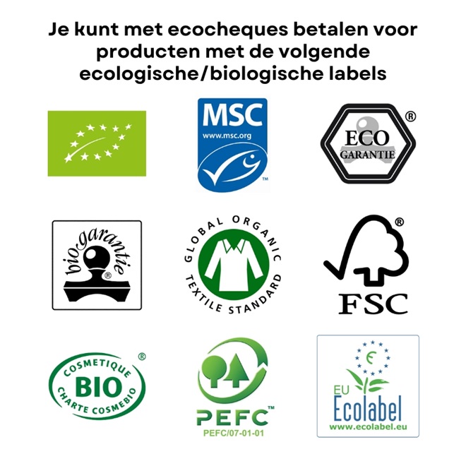 met ecocheques betalen voor labels EU-logo voor biologische productie, Biogarantielabel, MSC-label, Ecogarantielabel, COSMEBIO-label bio”-label beschikken Textielproducten met het GOTS-label  FSC- of PEFC-label EU Ecolabel 