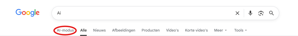 2. Surf naar google.com en klik bovenaan op het tabblad "AI-modus" naast "Alle", "Afbeeldingen" en "Video’s".