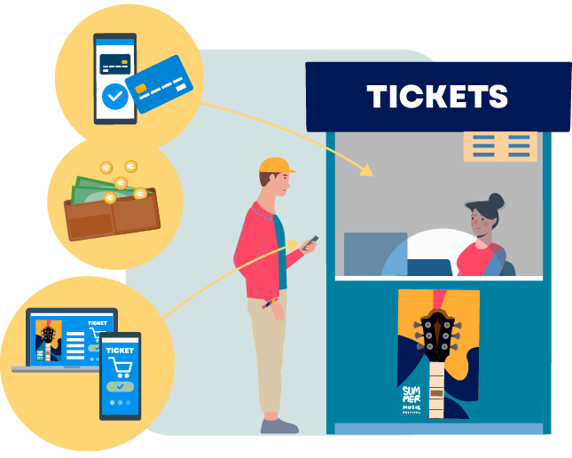 man koopt tickets aan op festival