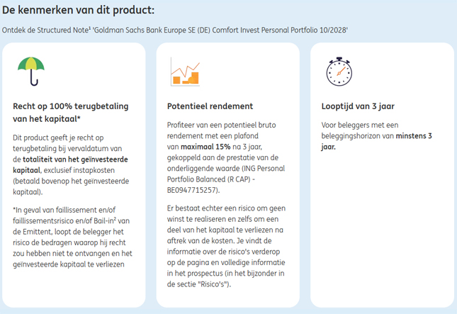 Reclame ING - kenmerken Goldman Sachs Bank Europe SE (DE) Comfort Invest Personal Portfolio 10/2028